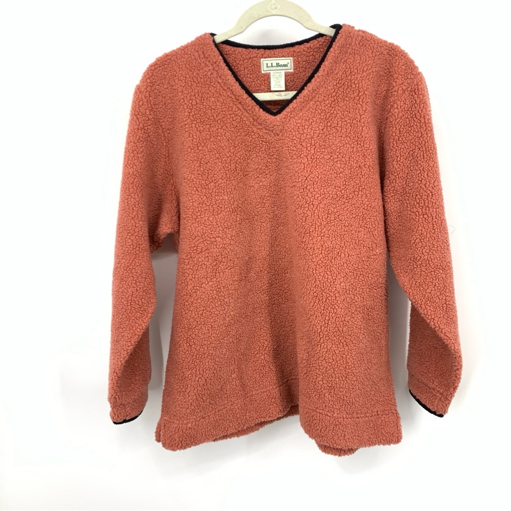 LL Bean Women Size Medium Sweater Vintage 90s Pink Sherpa Fleece V Pullover Top‎